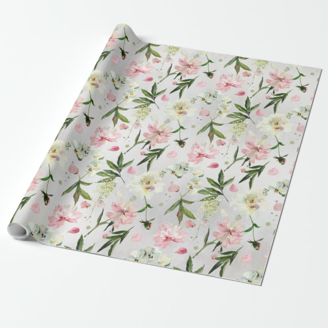 White Orchids Peonies & Rosa Petals Blommigt Garde Presentpapper (Utrullad)
