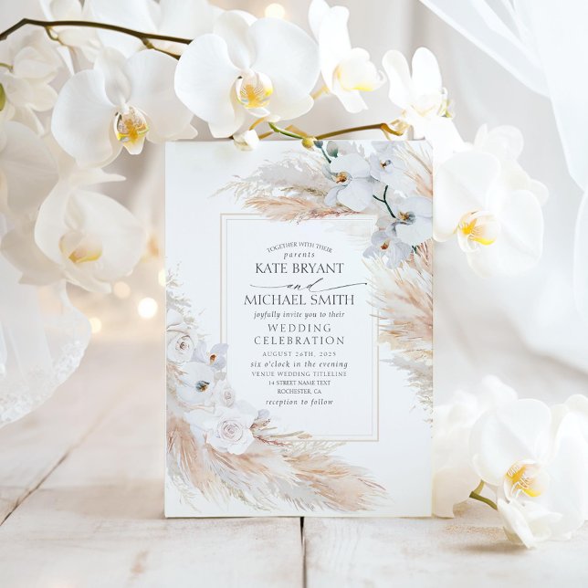 White Orchids Ro och Pampas Grass Bröllop Inbjudningar (Pampas Grass and White Orchids Wedding)