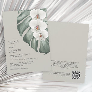 White Orchids Sage Tropical Bröllop med QR-kod Inbjudningar