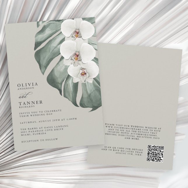 White Orchids Sage Tropical Bröllop med QR-kod Inbjudningar (Available as printed and paperless digital download!)