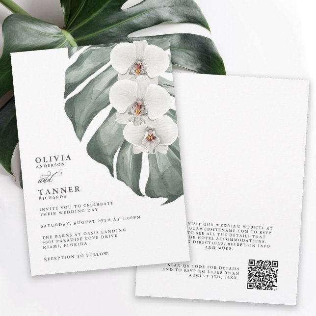 White Orchids Tropical Bröllop med QR-kod Inbjudningar (Skapare uppladdad)