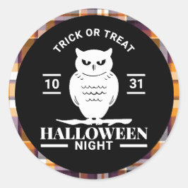 White Owl Halloween Night Svart/Orange Rutig Runt Klistermärke