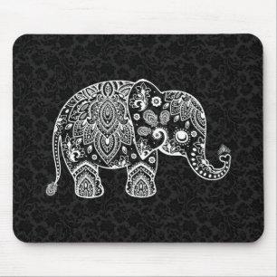 White Paisley Blommigt Elephant Illustration Musmatta