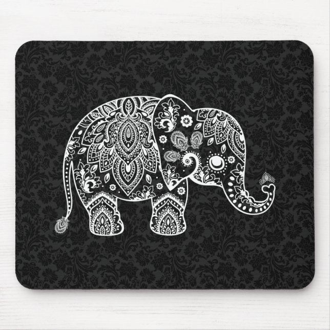 White Paisley Blommigt Elephant Illustration Musmatta (Framsidan)