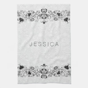 White Paisley Damasks & Black Swirls Snöre Kökshandduk