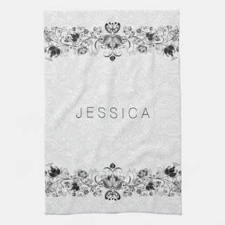 White Paisley Damasks & Black Swirls Snöre Kökshandduk