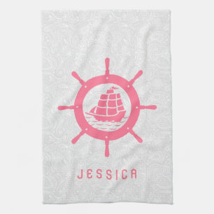 White Paisley Damasks & Rosa Nautical Boat Wheel Kökshandduk