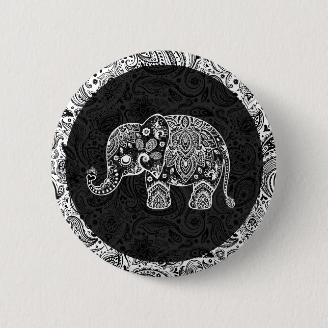 White Paisley Elephant Black Damask Background Knapp (Framsida)