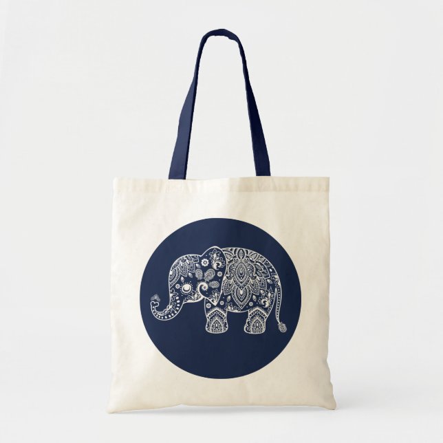 White Paisley Elephant Illustration on Blue Circle Tygkasse (Framsidan)