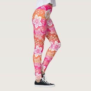 White Paisley Flowers on Shock rosa Rand Leggings