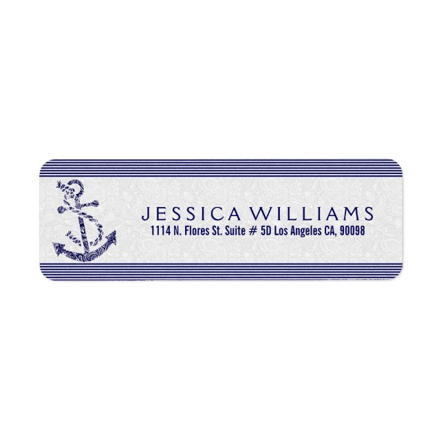 White Paisley med marinblå nautiska ankare Returadress Etikett (Framsidan)