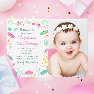 White Pastel Butterfly Girl Garden Photo Birthday Inbjudningar