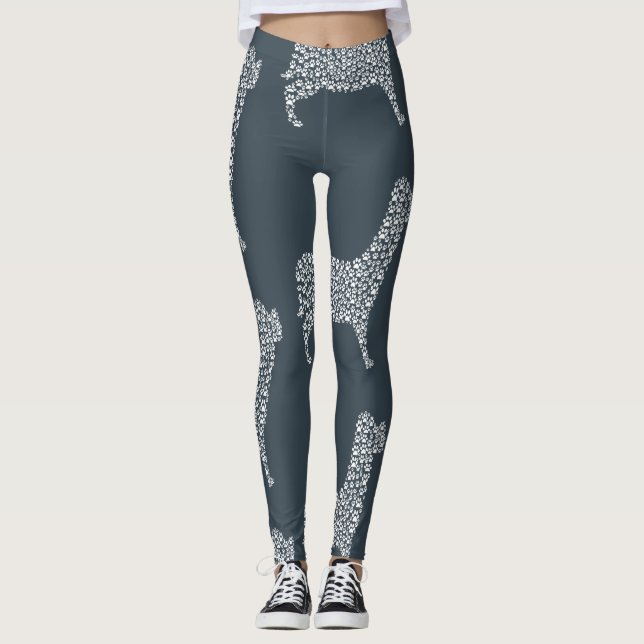 White Paw Print Dog Silhouette Pattern Fabric Leggings (Framsida)