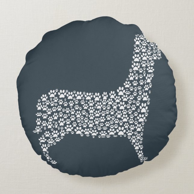 White Paw Print Dog Silhouette Pattern Fabric Rund Kudde (Baksidan)