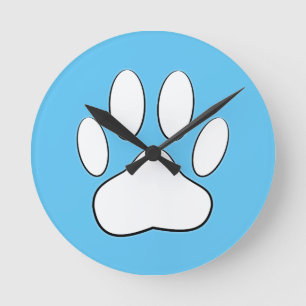 White Paw Print On Sky Blue Rund Klocka