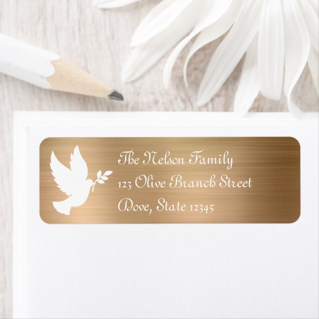 White Peace Dove Silhouette Faux Gold Foil Returadress Etikett (Insitu)