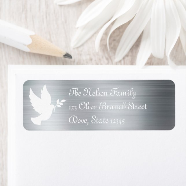 White Peace Dove Silhouette Faux Silver Foil Returadress Etikett (Insitu)