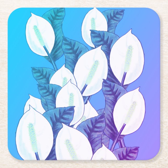 White Peace Lily Illustration Blek Blue Lila Underlägg Papper Kvadrat (Framsidan)