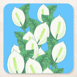 White Peace Lily Illustration Blek Blue Underlägg Papper Kvadrat