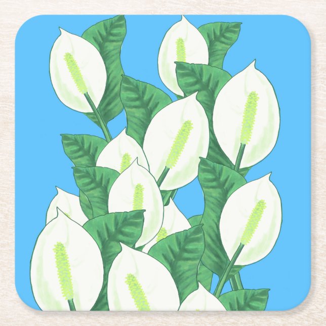 White Peace Lily Illustration Blek Blue Underlägg Papper Kvadrat (Framsidan)