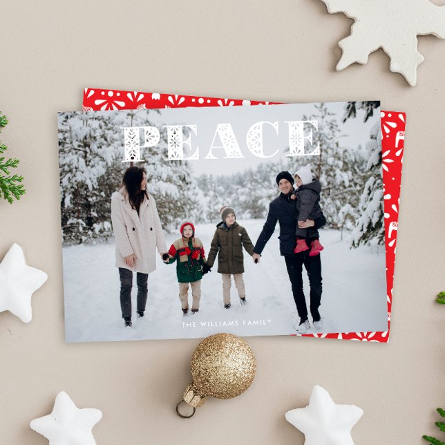 White Peace Scandi Folk Art Photo Julkort (white Swedish folk art style PEACE Christmas full-bleed photo holiday card)