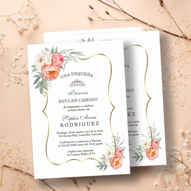 White Peach Flowers Spanska invigningslussaren Inbjudningar (baby shower, trendy peach flowers bay shower, gold white floral baby shower)