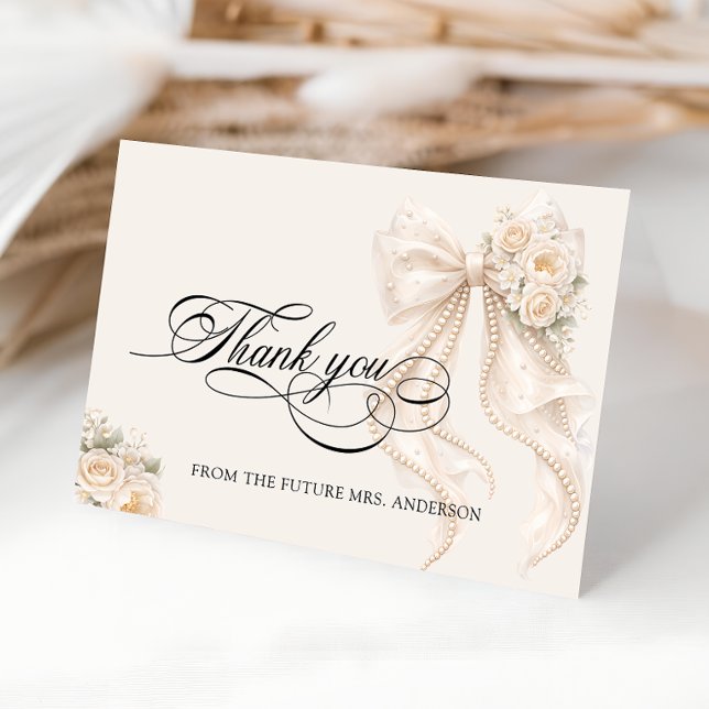 White Pearl Bow Bridal Shower Thank You Card Tack Kort (Skapare uppladdad)