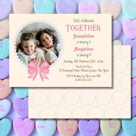 White Pearl Rosa Bow Photo Girl Joint Birthday Inbjudningar