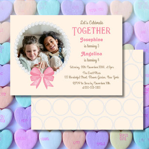 White Pearl Rosa Bow Photo Girl Joint Birthday Inbjudningar