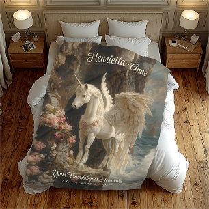 White Pegasus Himmelsk Unicorn Sjölandskap Scene Fleecefilt