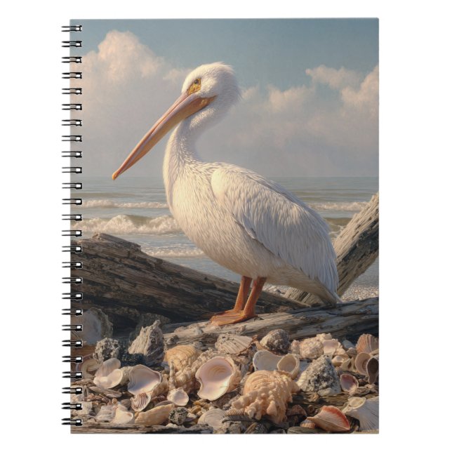 White Pelican Seashell Beach Notebook Anteckningsbok (Framsidan)