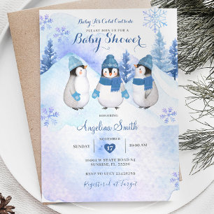 White Penguin Winter Baby Shower Inbjudningar