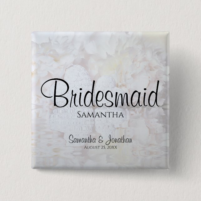 White Peonies Bröllop Bridesmaid Nametag Knapp (Framsida)