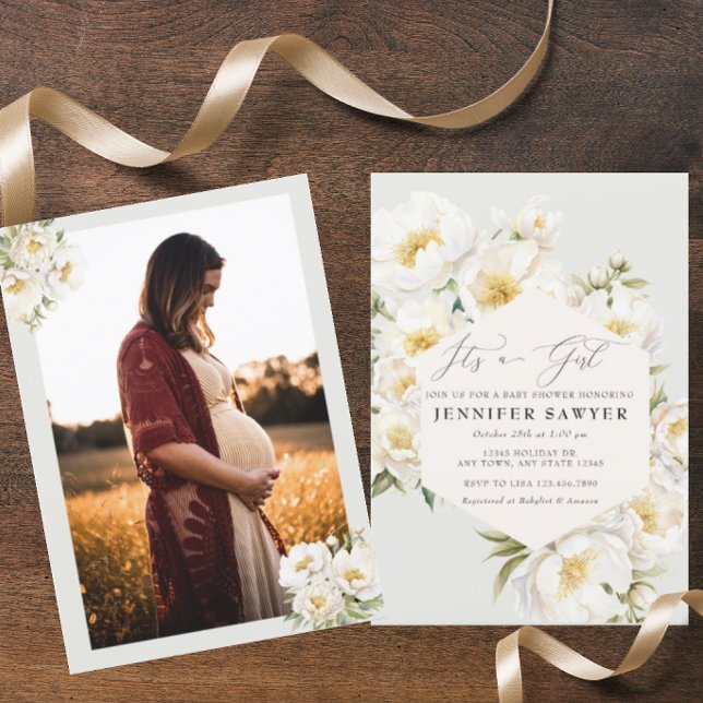 White Peonies | Fotobabyskor Inbjudningar (Skapare uppladdad)