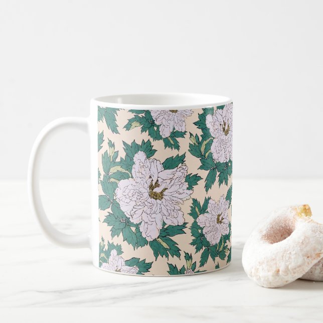 White Peonies & Grönt Löv Kaffemugg (Med munk)