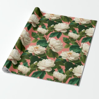 White Peonies on pechy background pattern Presentpapper