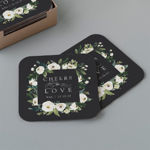White Peony Blommigt Ram "Cheers to Kärlek" Bröllo Underlägg Papper Kvadrat