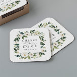 White Peony Blommigt Ram "Cheers to Kärlek" Bröllo Underlägg Papper Kvadrat<br><div class="desc">Vår vattenfärgssamling i White Peony blommigt bröllop har delikatmålat vattenfärgsgrej,  grönt botaniskt blad och vita och elfenbensblommor. "Cheers to kärlek" visas i klassisk text med calligraphy-skriptaccents. Anpassa dessa cocktail-blöjor med ditt initialer och bröllop-datum,  eller ditt val av anpassningsbar.</div>