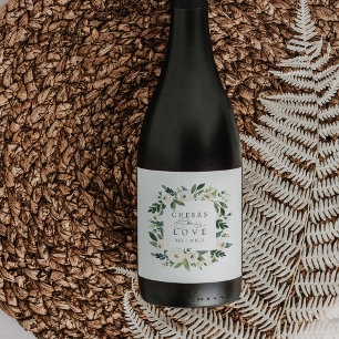 White Peony Blommigt Ram "Cheers to Kärlek" Bröllo Vinflaska Etikett