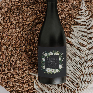 White Peony Blommigt Ram "Cheers to Kärlek" Bröllo Vinflaska Etikett