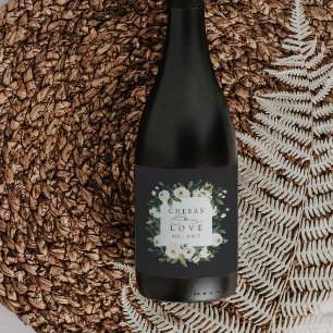 White Peony Blommigt Ram "Cheers to Kärlek" Bröllo Vinflaska Etikett