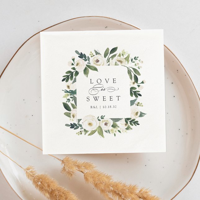 White Peony | Blommigt Ram "Kärlek is Sweet" Bröll Pappersservett (Skapare uppladdad)