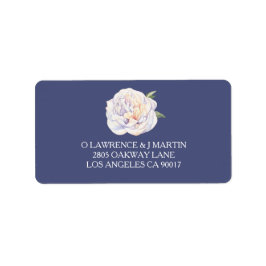 White Peony Blommigt Watercolor Blue Adressetikett