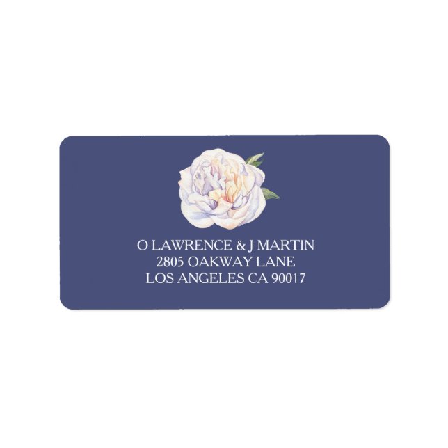 White Peony Blommigt Watercolor Blue Adressetikett (Framsidan)