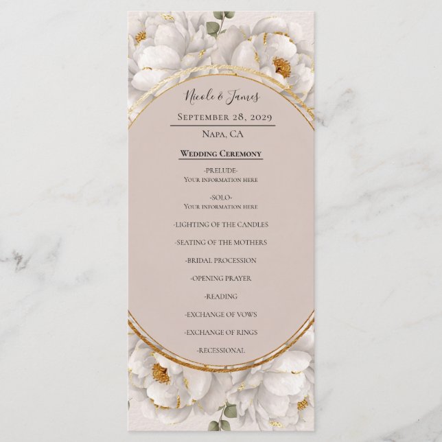 White Peony & Blush Rose Floral Wedding Program (Framsida)