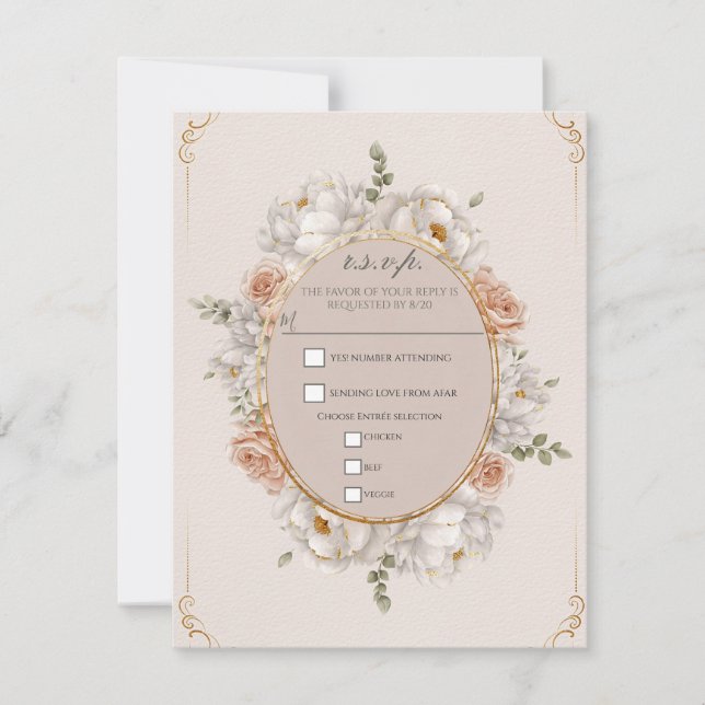 White Peony & Blush Rose Floral Wedding RSVP Inbjudningar (Framsida)