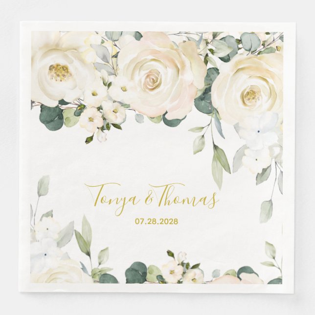 White Peony Epiphany Bröllop Dinner Napkins Pappersservett (Framsida)