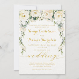 White Peony Epiphany Bröllop Guld Calligraphy Inbjudningar