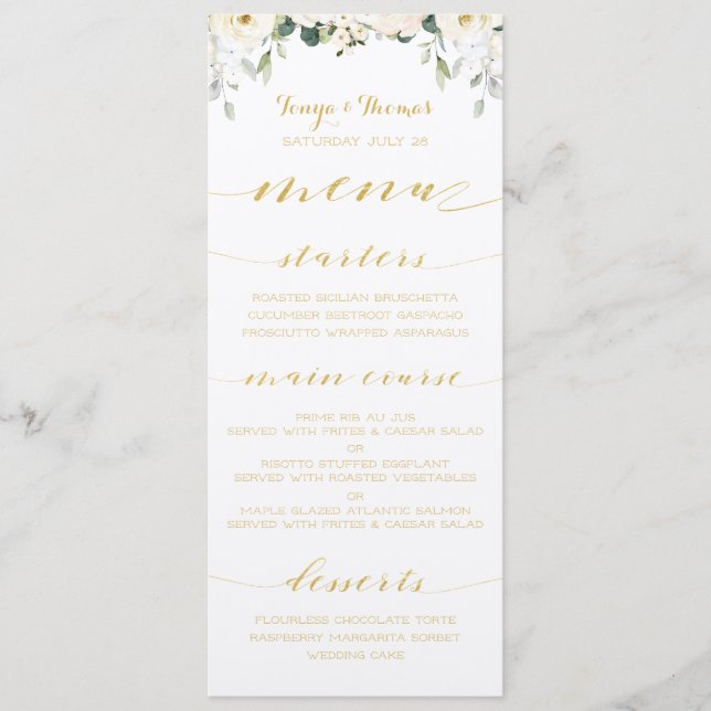 White Peony Epiphany Bröllop Guld Calligraphy Menu Meny (Framsida)