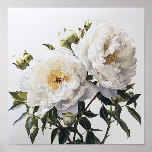 White Peony Flowers Art Print Poster (Framsidan)